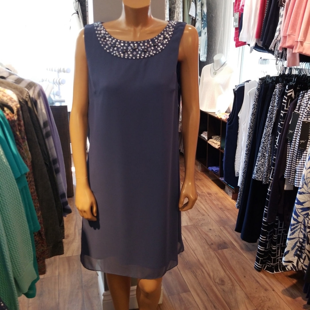 NWOT SLNY [14] Deep Navy Blue Beaded Neck Sleeveless Sheath Dress